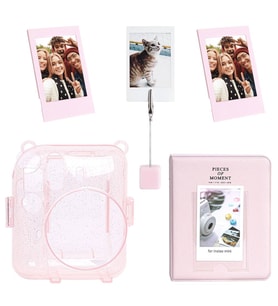 Instax mini 12 Simli Şeffaf Pembe Kılıf Pvc 64'lü Albüm ve Fotoğraf Çerçeveleri Aksesuar Seti