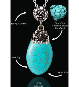 Sertifikalı Zirkon Taşlı XL Oval Model Firuze Taşı Kolye (Turkuaz Taşı) (Çok Renkli)