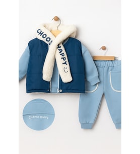 Bebek 3’lü Kışlık Eşofman Takımı – Polar Şallı, Şardonlu Yelekli, Sweatshirt ve Alt 10697M (Mavi)