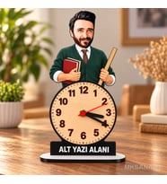 Kişiye Özel Fotoğraflı Erkek Öğretmen Karikatürlü 18 cm MDF Dikey Masa Saati - Öğretmen Hediyesi Öğretmenler Günü Hediyesi Yeşil