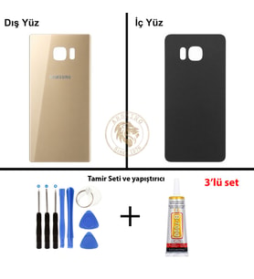 Samsung Galaxy S6 Edge Plus Gold Renk Arka Kapak + Tamir Seti + B7000 Yapıştırıcı Arka Cam Batarya Kapağı Pil Kapağı Lazer Kesim Back Cover Galaxy S6 Edge Plus Uyumlu