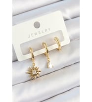 Pirinç Zirkon Taşlı Güneş Model Gold Renk 3'lü Çift Kadın Küpe Set 588 - EEEEEE3510-1