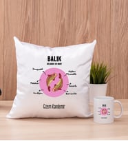 Kişiye Özel Balık Burcuna Hediye Kare Yastık ve Beyaz Kupa