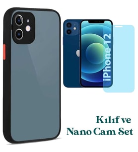 Apple iPhone 12 Uyumlu Montreal Kılıf Ve Nano Cam Ekran Koruyucu Set (Siyah)