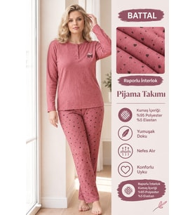 Lindros Kadın Düğme Yaka Raporlu İnterlok KIŞLIK Battal Pijama Takımı 03015 - 1 Adet