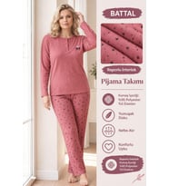 Lindros Kadın Düğme Yaka Raporlu İnterlok KIŞLIK Battal Pijama Takımı 03015 - 1 Adet