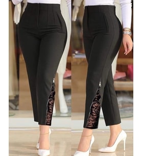 pilelistore- Kadın Yüksek Bel önden Nervürlü Ve Fermuarlı Yandan Dantelli Ithal Krep Pantolon (Siyah)