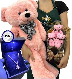 Kişiye Özel VIP Set - 925 Ayar Işıklı Kutusunda Gümüş Kolye & Pembe Ayıcık & 3'lü Ayıcık Buketi (Model 1)