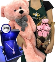 Kişiye Özel VIP Set - 925 Ayar Işıklı Kutusunda Gümüş Kolye & Pembe Ayıcık & 3'lü Ayıcık Buketi (Model 1)
