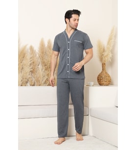 Erkek Boydan Düğmeli %100 Pamuklu Pijama Takımı 12385 ENİSENA (Füme)