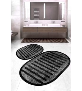 Dijital Baskılı Kaymaz Taban Yıkanabilir Oval 2'li Klozet Takımı Banyo Paspası NOKZ-SD-247 (Siyah)