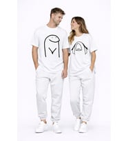 Sevgili Kombini Çift Tişört Oversize Unisex Matching Couple Minimal Çizim Tasarım Çift Kombin Seti (Beyaz)