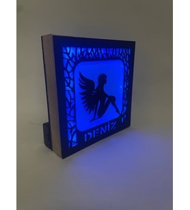 Kişiye Özel Işıklı Ahşap Dekoratif Gece Lambası Mavi