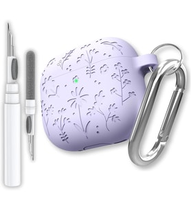 AirPods 4. Nesil ve AirPods 5. Nesil Uyumlu Çiçek İşlemeli Premium Silikon Kulaklık Kılıfı ve 3'ü 1 Arada Bluetooth Kulaklık Temizleme Kalemi Seti (Lila)