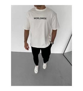 Unisex Bisiklet Yaka Baskılı Oversize T-Shirt - Beyaz