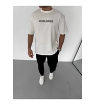 Unisex Bisiklet Yaka Baskılı Oversize T-Shirt - Beyaz