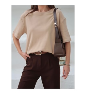 Kadın Mia İnterlok Kumaş Bisiklet Yaka Oversize T-Shirt