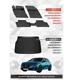 Sahler Peugeot 308 2022+ Uyumlu 4.5D Premium Havuzlu Oto Paspas ve Liner Marka 3D Bagaj Havuzu