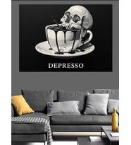 Kahve Fincanındaki Kurukafa "Depresso" Yazılı Afiş Siyah Beyaz Dekoratif Kanvas - Mdf Ahşap Tablo