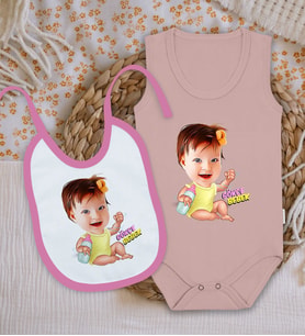 BK Kids Kişiye Özel Karikatürlü Pembe %100 Pamuklu Askılı Sıfır Kol Bebek Body Zıbın ve Mama Önlüğü Hediye Seti-2