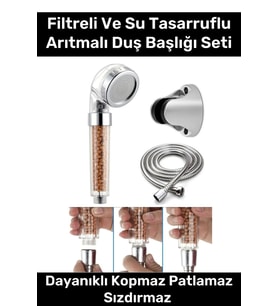 Paslanmaz Filtreli Su Tasarruflu Arıtmalı Duş Başlığı Doğal Taş Boncuklu Başlık Hortum Mafsal Seti