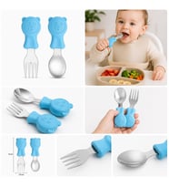 Valkyrie 304 Çelik Panda Bebek Kaşık Çatal SetiSilikon Saplı BPA İçermez Ergonomik Kaymaz Mavi