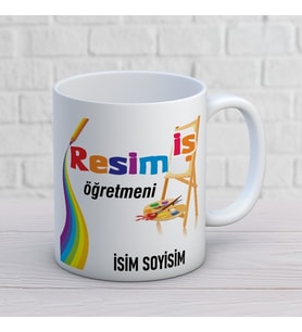 Kişiye Özel Resim Öğretmeni Baskılı Kupa, Renkli Palet ve Şövale Tasarımlı İsimli Öğretmen Hediyesi