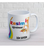 Kişiye Özel Resim Öğretmeni Baskılı Kupa, Renkli Palet ve Şövale Tasarımlı İsimli Öğretmen Hediyesi