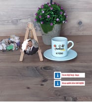 Bankacı Türk Kahvesi Fincanı Ahşap Altlıklı ve Fotoğraflı Ahşap Anahtarlık Hediye (Model 2)