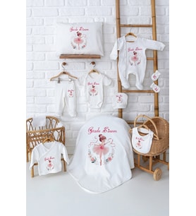 Pia Baby Premium %100 Pamuk 11 Parça İsimli Kız Bebek Hastane Çıkışı Yeni Doğan Hediyelik Set 5061-00 (Ekru)