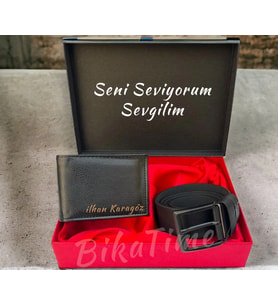 Kişiye Özel Hediye seti - Cüzdan - Kemer -  . Erkek arkadaşa , Babaya  hediye Doğum Günü (Siyah)