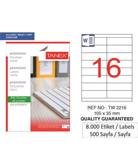 Tanex Lazer Etiket tw-2216 500 A4 Sayfa Laser Etiket 105 x 35 mm Boyutunda 1 A4 Sayfada 16 Etiket