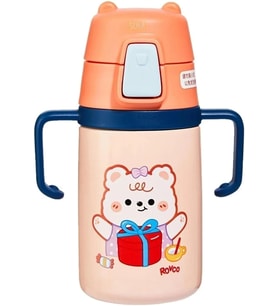 Rovco 400ml Silikon Pipetli Sevimli Ayıcıklı Boyun Askılı Bebek Kulplu Paslanmaz Çelik Termos (Turuncu)