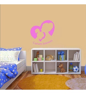 Canım Annem Yazılı Anne ve Kız Çocuğu Silüeti Dekoratif Duvar Sticker, Çıkartma Pembe