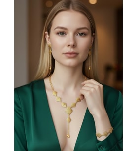 Vip Altın Kaplama Kare Küpe Bileklik Kolye Set - 26set15