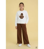 Kahve Kız Çocuk Hoodie Detaylı Sweatshirt Geniş Paça Eşofman Takımı 24782