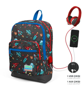 Coral High Kids Koyu Gri Kırmızı Uzay Desenli Dört Bölmeli USB Şarjlı Kulaklık Çıkışlı Okul Sırt Çantası 23279