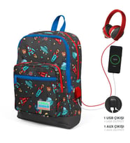 Coral High Kids Koyu Gri Kırmızı Uzay Desenli Dört Bölmeli USB Şarjlı Kulaklık Çıkışlı Okul Sırt Çantası 23279
