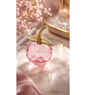 Pembe Kristal Elma Biblo Orta Boy 8.5 Cm Dekoratif Cam Elma Süsü Gold Yapraklı