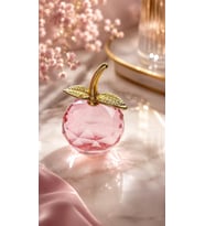 Pembe Kristal Elma Biblo Orta Boy 8.5 Cm Dekoratif Cam Elma Süsü Gold Yapraklı