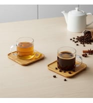 Bambu Tabaklı 2'li Cam Fincan Seti 150 ml - Yuvarlak/Kare Seçenekli Borosilikat Bitki Çayı ve Double Kahve Fincanı (KARE TABAKLI)