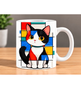 Modern Sanat Renkli Geometrik Kedi Desenli Porselen Kupa Bardak - Kedi Severlere Hediye