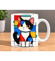 Modern Sanat Renkli Geometrik Kedi Desenli Porselen Kupa Bardak - Kedi Severlere Hediye