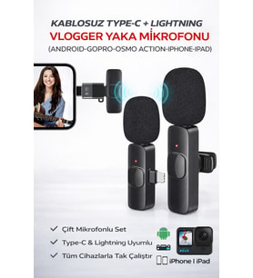 Kablosuz Yaka Mikrofonu Type-C Lightning Uyumlu Vlogger Mikrofon iPhone Android Uyumlu Set