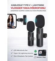 Kablosuz Yaka Mikrofonu Type-C Lightning Uyumlu Vlogger Mikrofon iPhone Android Uyumlu Set