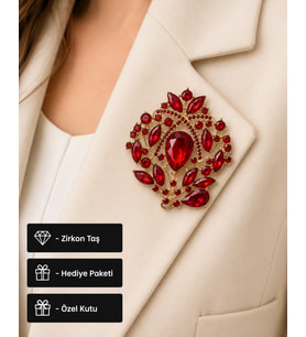 Premium Kırmızı Zirkon Taşlı Gold Renk Kadın Broş Rozet Aksesuar