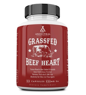 Ancestral Supplements Grass Fed Beef Heart 3300mg, CoQ10 and Mitochondrial Health, Non-GMO, 180 Capsules.