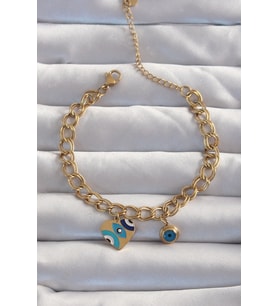316L Çelik Gold Renk Nazarlı Kalp Model Zincir Bileklik - TJ-BB6227