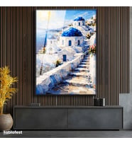 Siyah Renk Metal Çerçeveli Tamperli Cam Tablo Santorini Adası Ve Merdivenli Evler Şehir Ve Mimari Tablo Duvar Dekoru