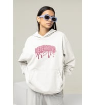 Unisex Oversize Hoodie Sweatshirt – Pembe Baskılı Kapüşonlu (Beyaz)